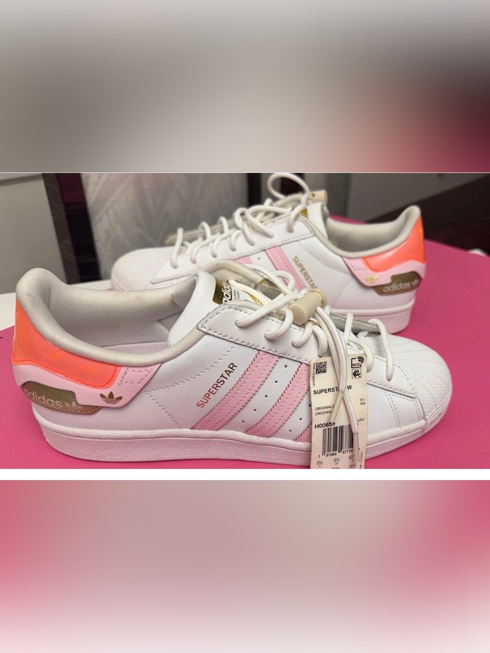 adidas Women’s White Leather Superstar Sneakers with Pink & Coral Accents